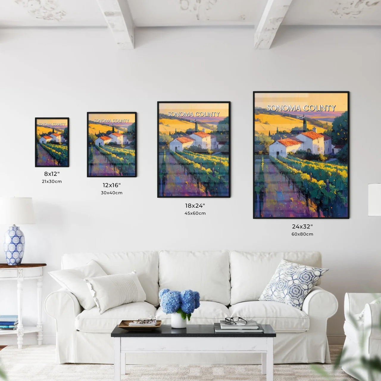 Sonoma County, USA - Art print of a painting of a vineyard and a house Size Chart
