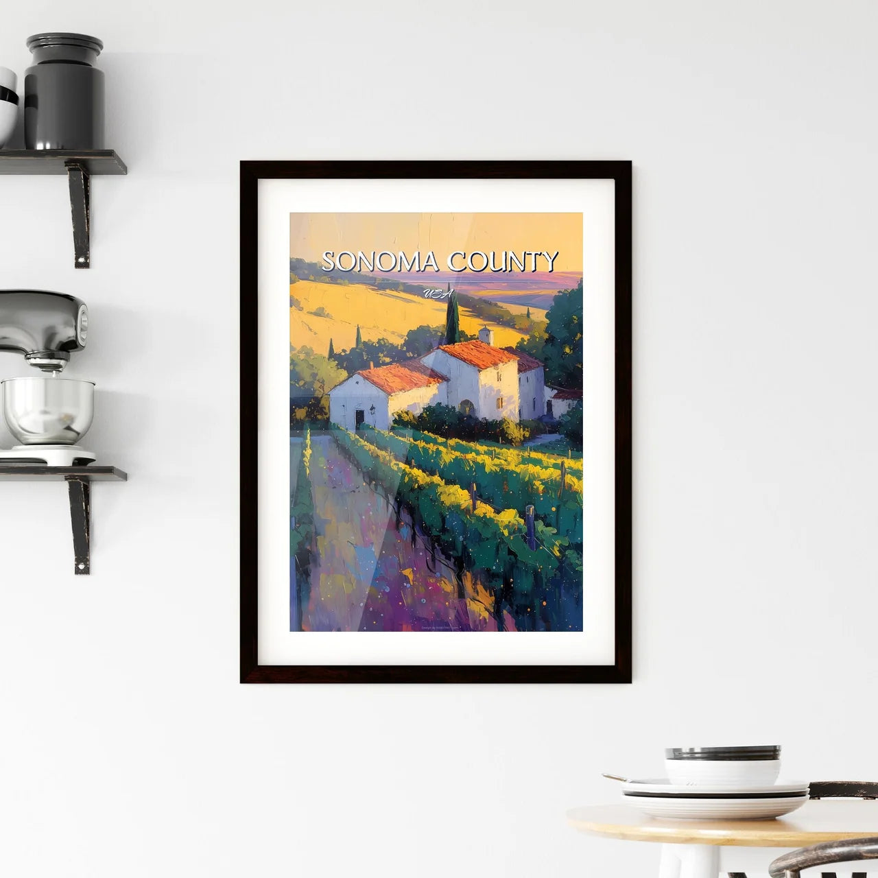 Sonoma County, USA - Art print of a painting of a vineyard and a house Custom Print