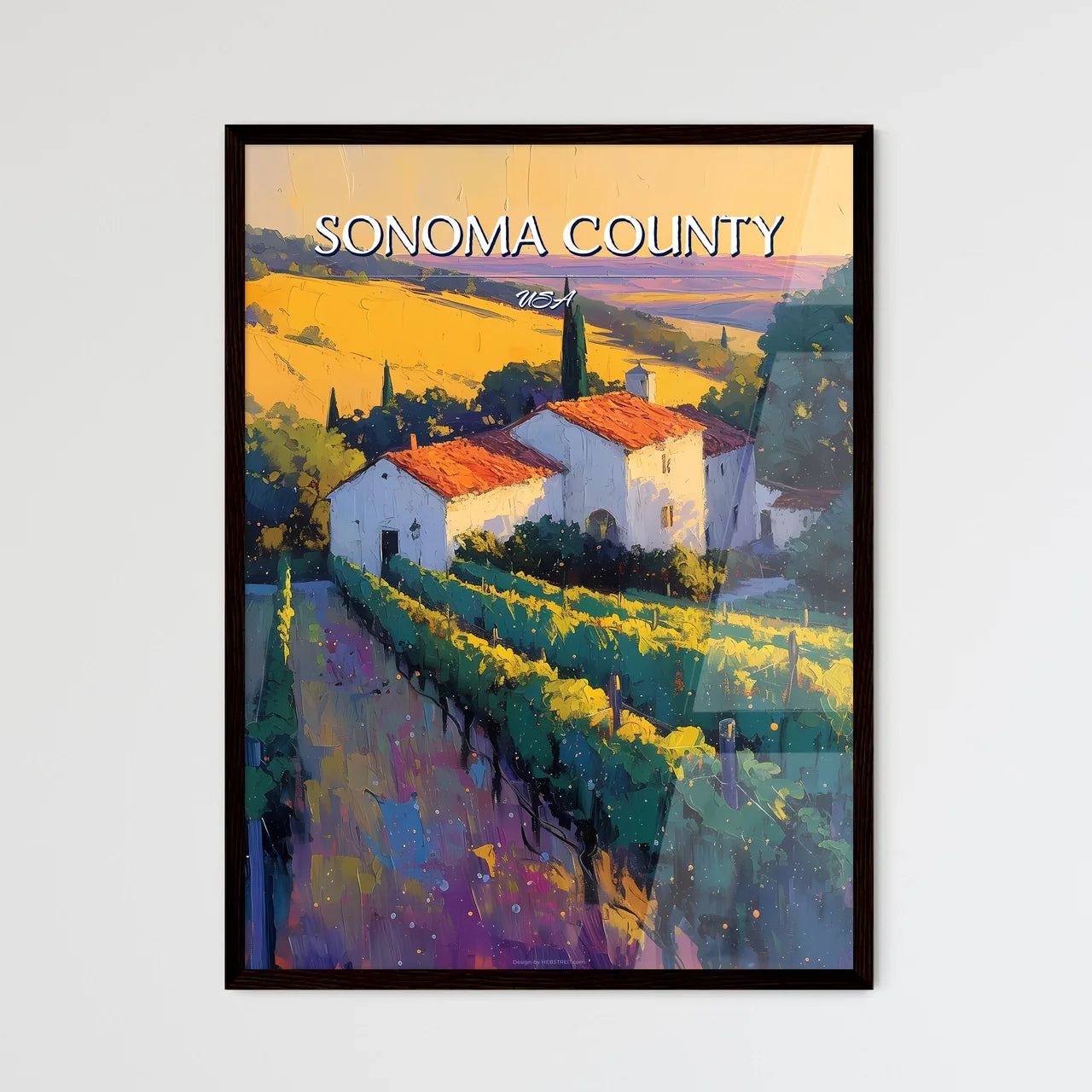 Sonoma County, USA - Art print of a painting of a vineyard and a house Framed Art