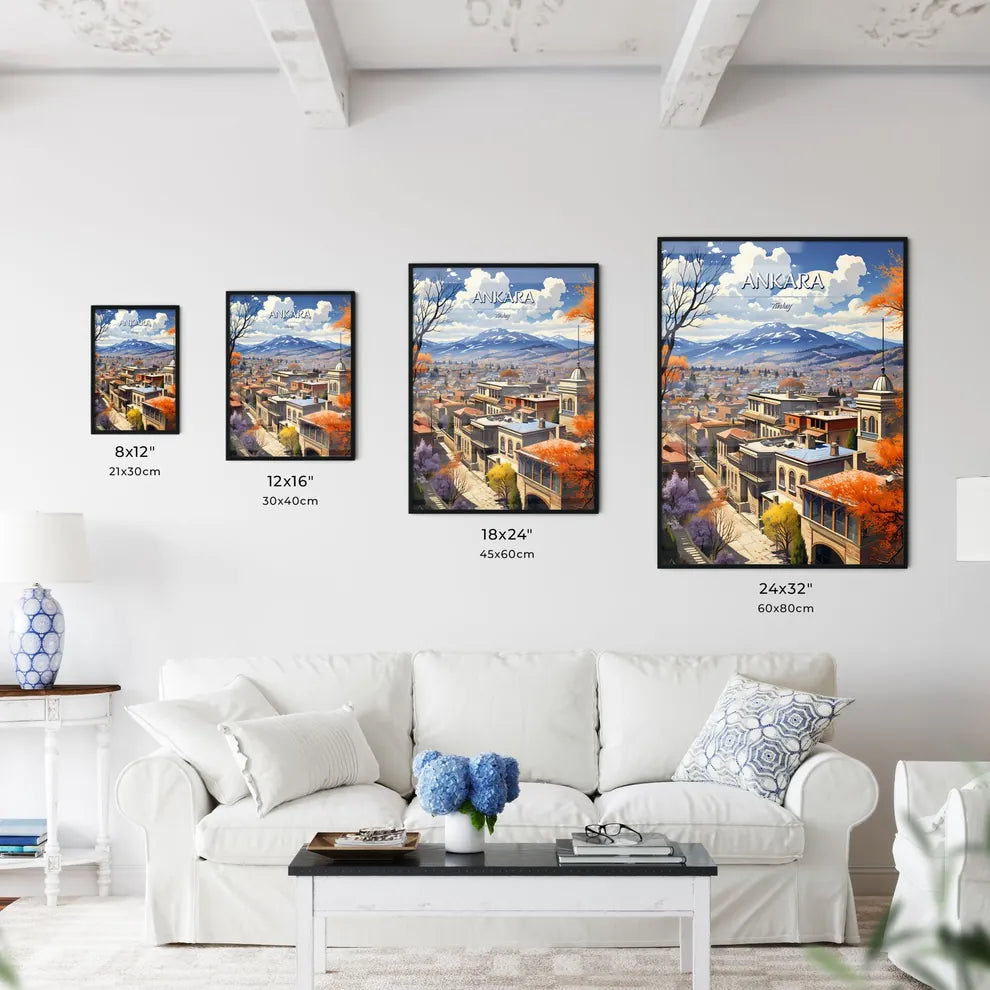 Ankara, Turkey - Art print of a city with trees and mountains in the background Size Chart