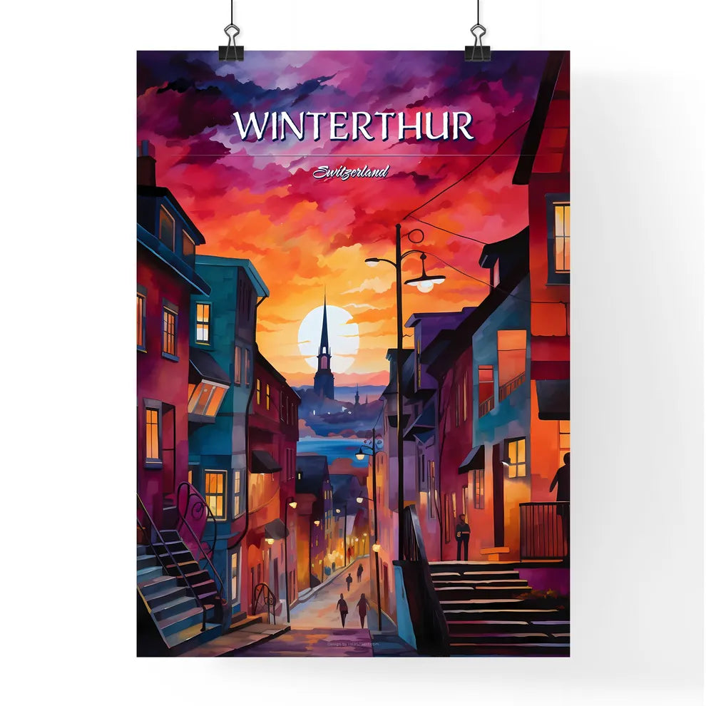 Winterthur, Switzerland - Art print of a colorful city street with a tower in the background Poster