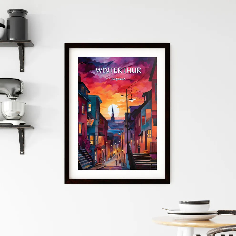 Winterthur, Switzerland - Art print of a colorful city street with a tower in the background Custom Print