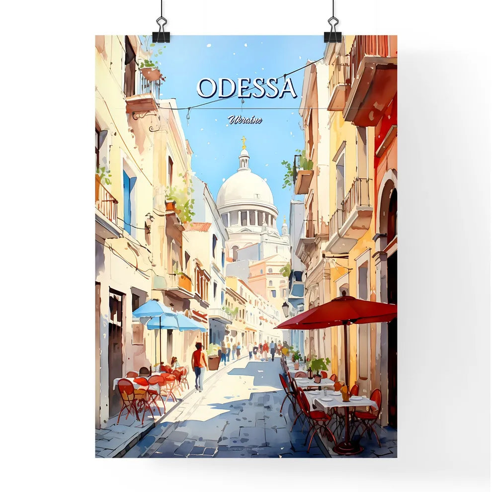 Odessa, Ukraine - Art print of a street with tables and chairs in front of a dome Poster