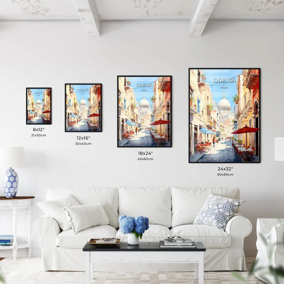 Odessa, Ukraine - Art print of a street with tables and chairs in front of a dome Size Chart