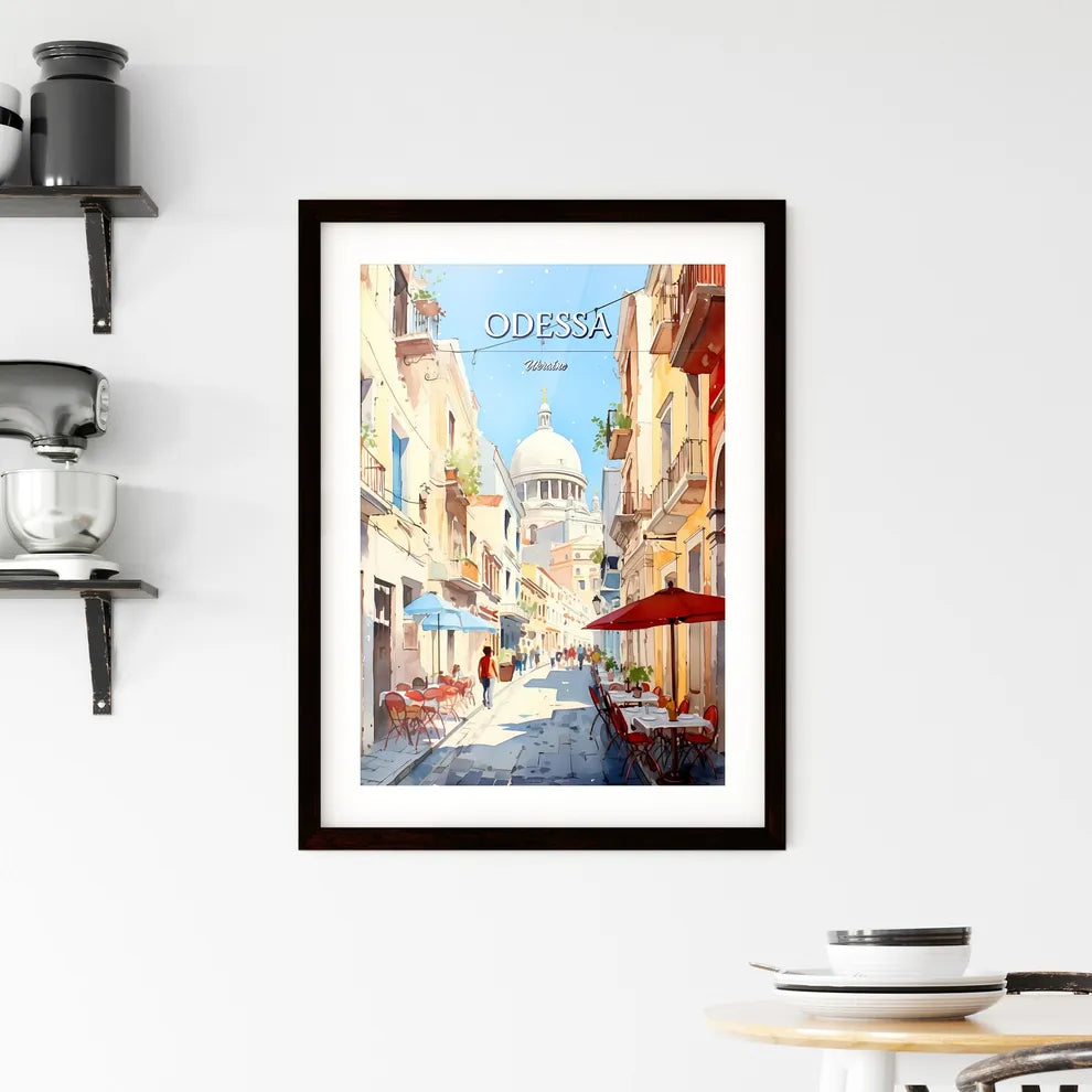 Odessa, Ukraine - Art print of a street with tables and chairs in front of a dome Custom Print