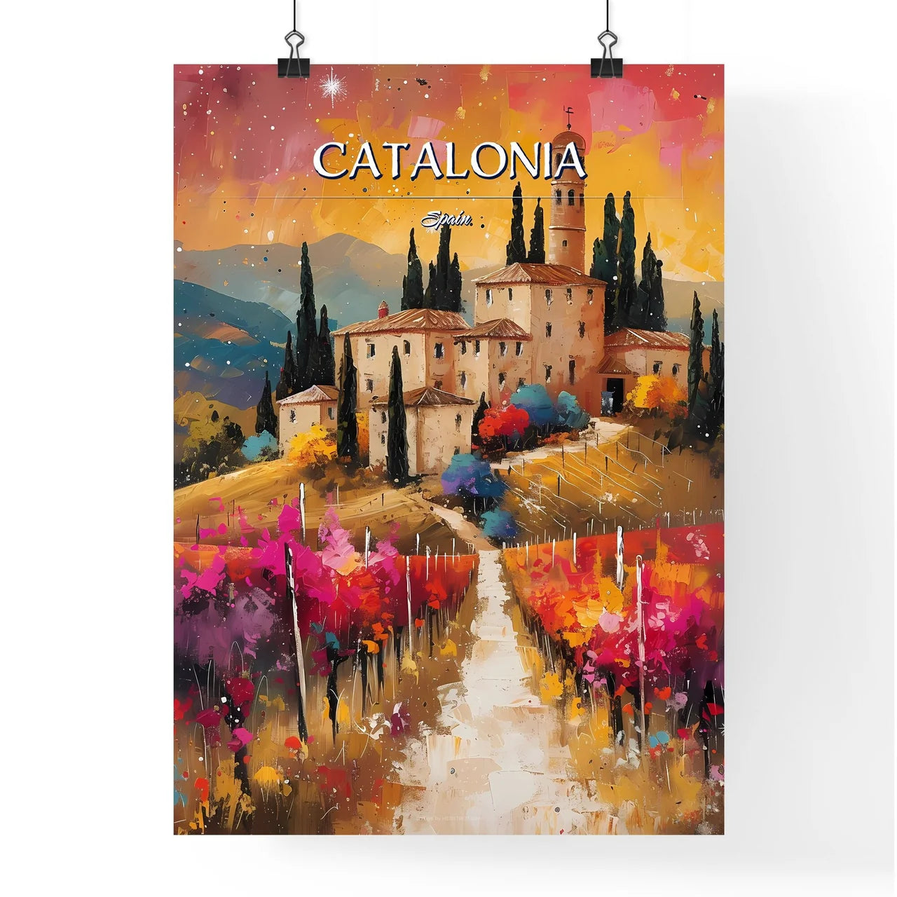 Catalonia, Spain - Art print of a painting of a house in a vineyard Poster