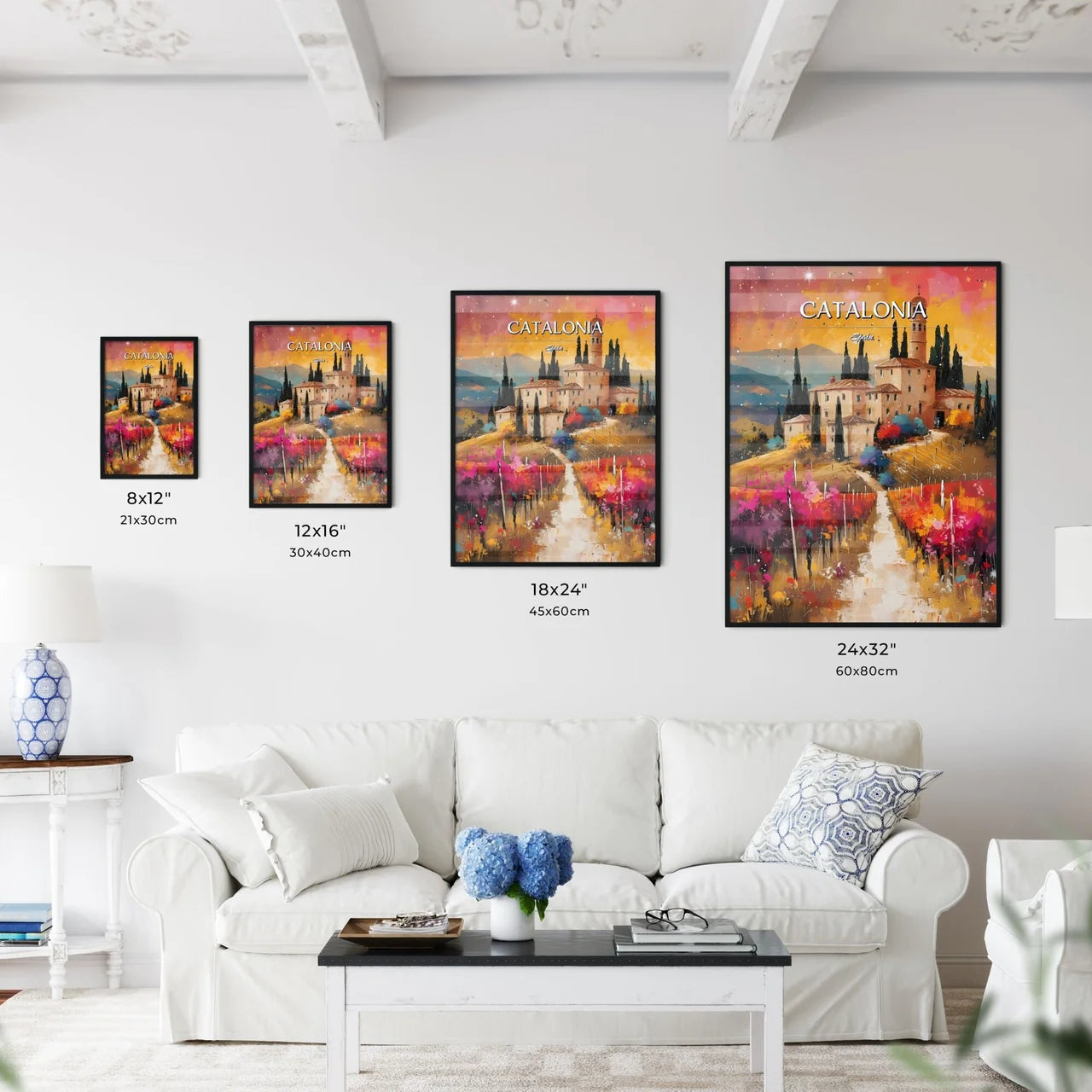 Catalonia, Spain - Art print of a painting of a house in a vineyard Size Chart