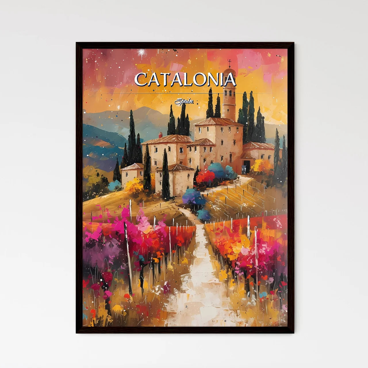 Catalonia, Spain - Art print of a painting of a house in a vineyard Framed Art