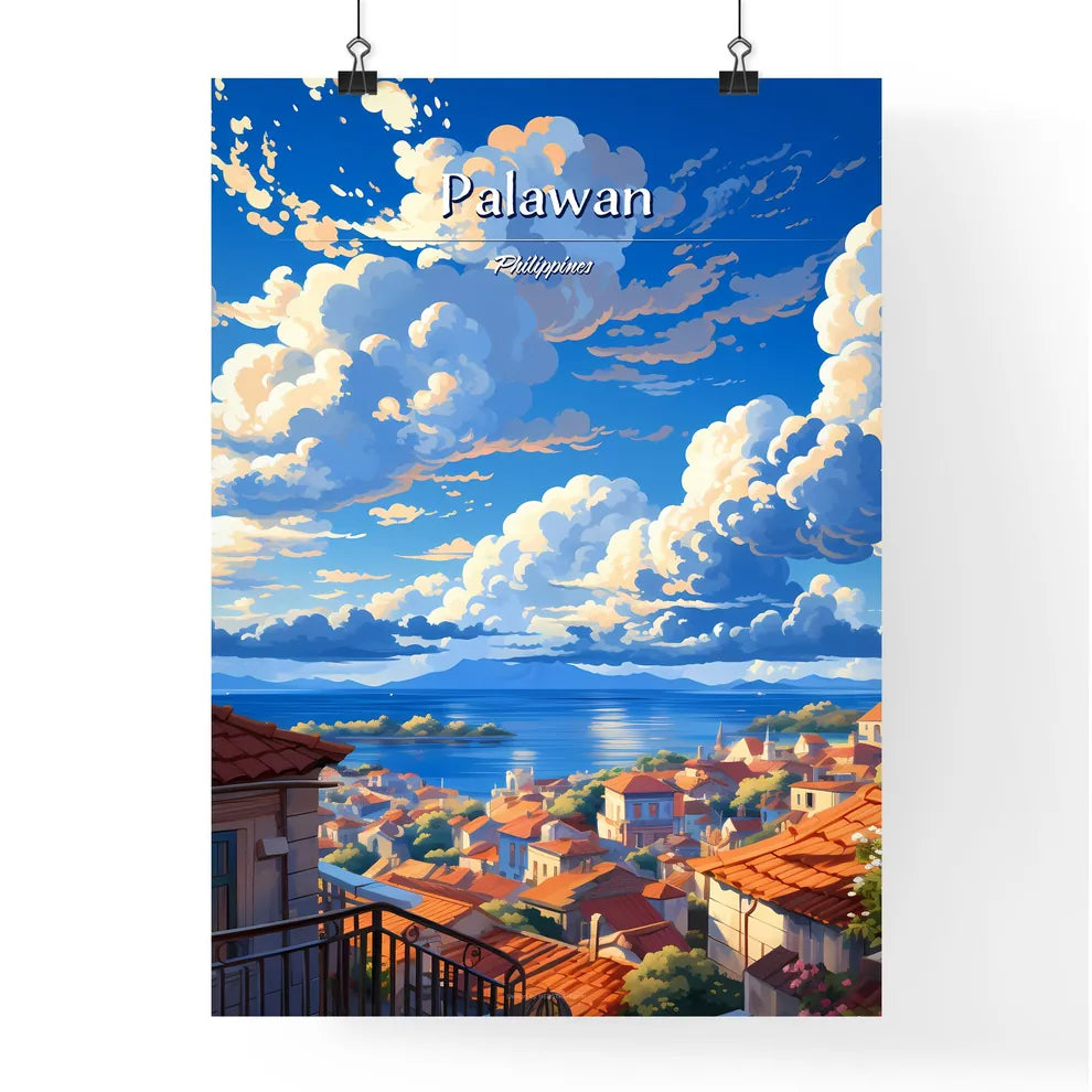 On the roofs of Palawan, Philippines - Art print of a city with red roofs and blue sky with clouds Poster