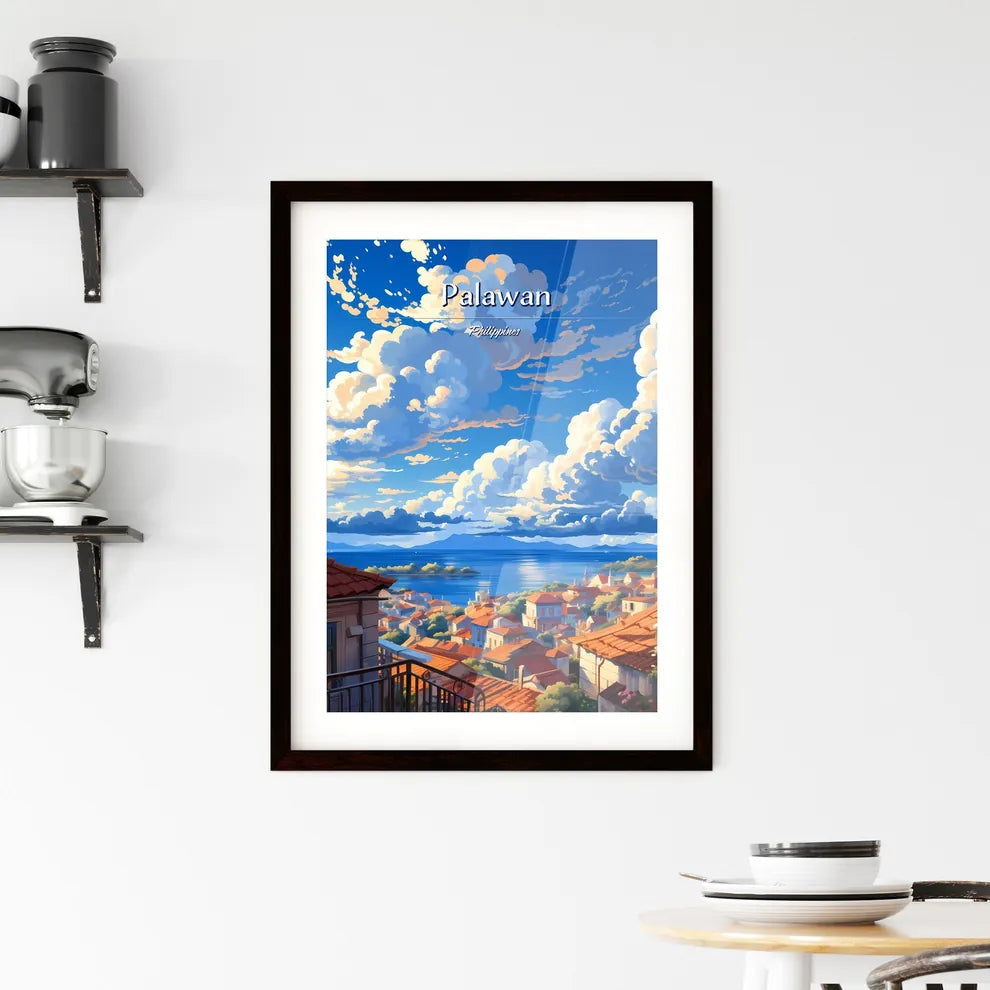 On the roofs of Palawan, Philippines - Art print of a city with red roofs and blue sky with clouds Custom Print