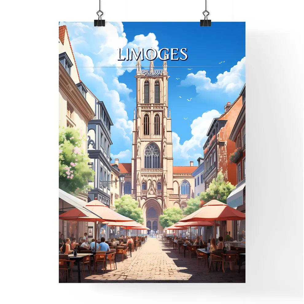 Limoges, France - Art print of a street with tables and people sitting at tables outside Poster