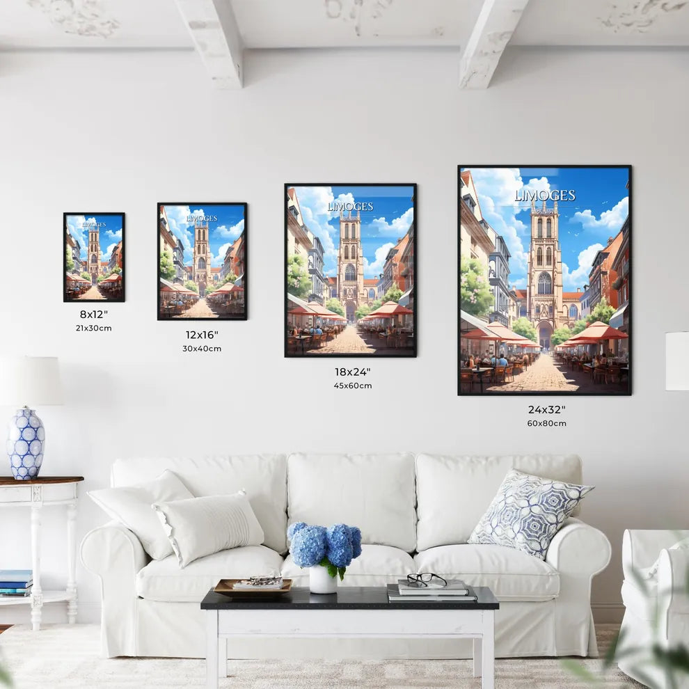 Limoges, France - Art print of a street with tables and people sitting at tables outside Size Chart