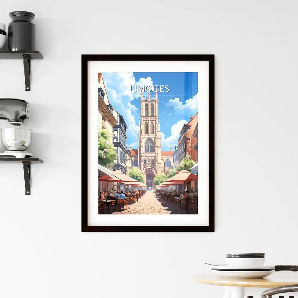 Limoges, France - Art print of a street with tables and people sitting at tables outside Custom Print