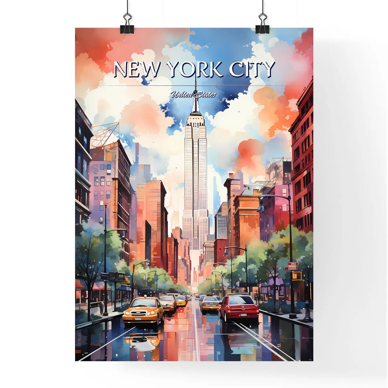 New York City - Art print of a street with cars and buildings in the background Poster