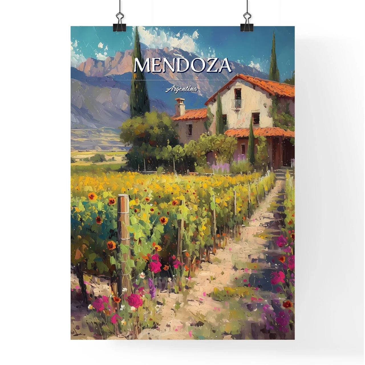 Mendoza, Argentina - Art print of a house in a vineyard Poster
