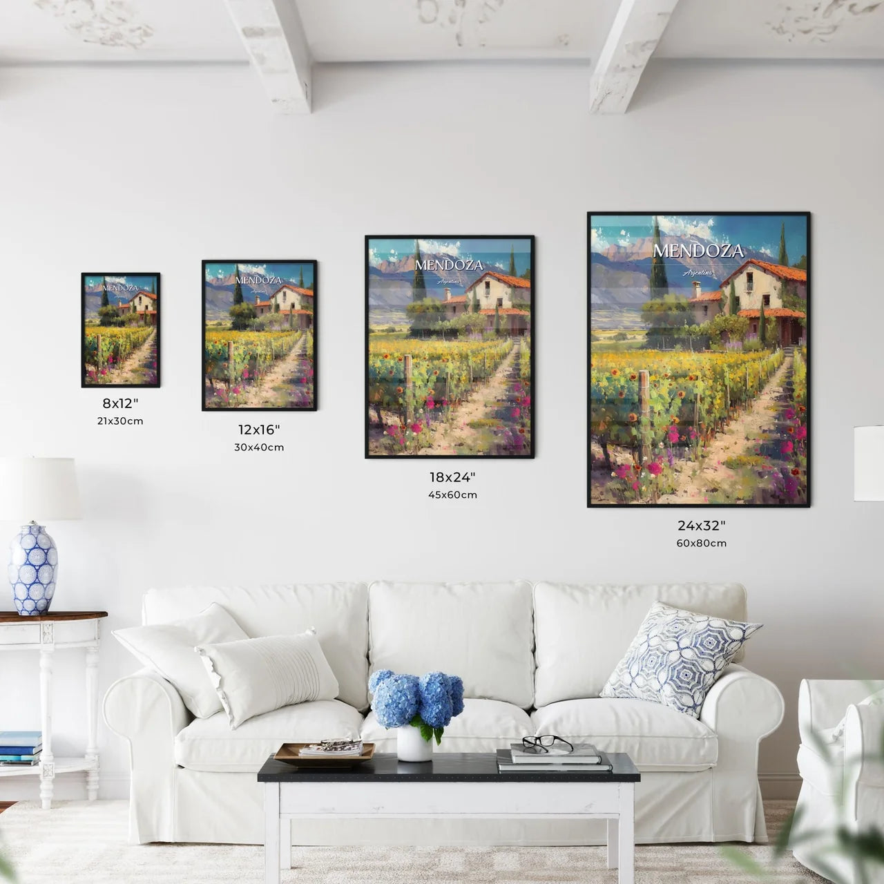 Mendoza, Argentina - Art print of a house in a vineyard Size Chart