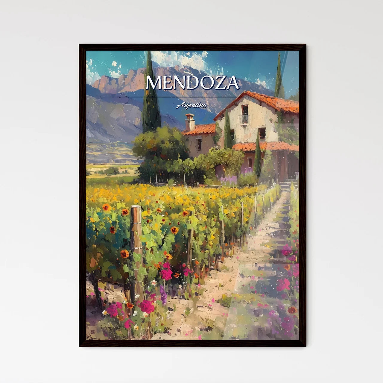 Mendoza, Argentina - Art print of a house in a vineyard Framed Art