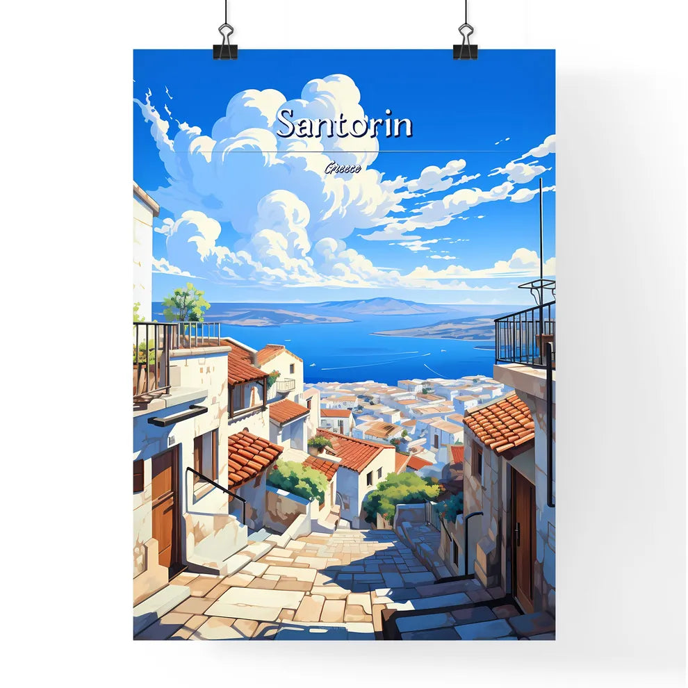 On the roofs of Santorin, Greece - Art print of a street with buildings and a body of water Poster