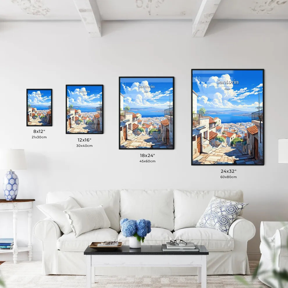 On the roofs of Santorin, Greece - Art print of a street with buildings and a body of water Size Chart