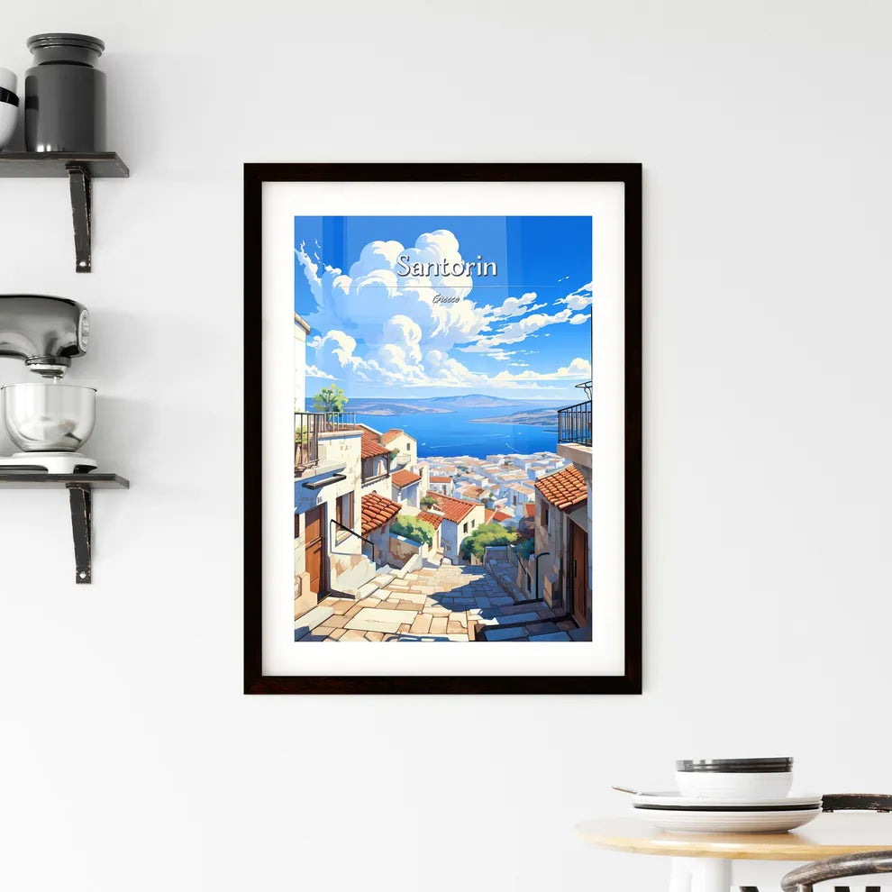 On the roofs of Santorin, Greece - Art print of a street with buildings and a body of water Custom Print