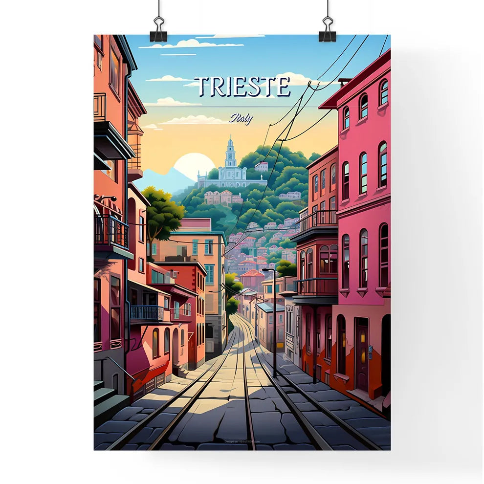 Trieste, Italy - Art print of a train tracks in a city Poster