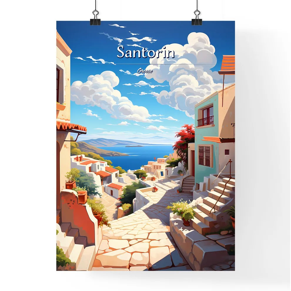 Santorin, Greece - Art print of a street with buildings and a body of water Poster