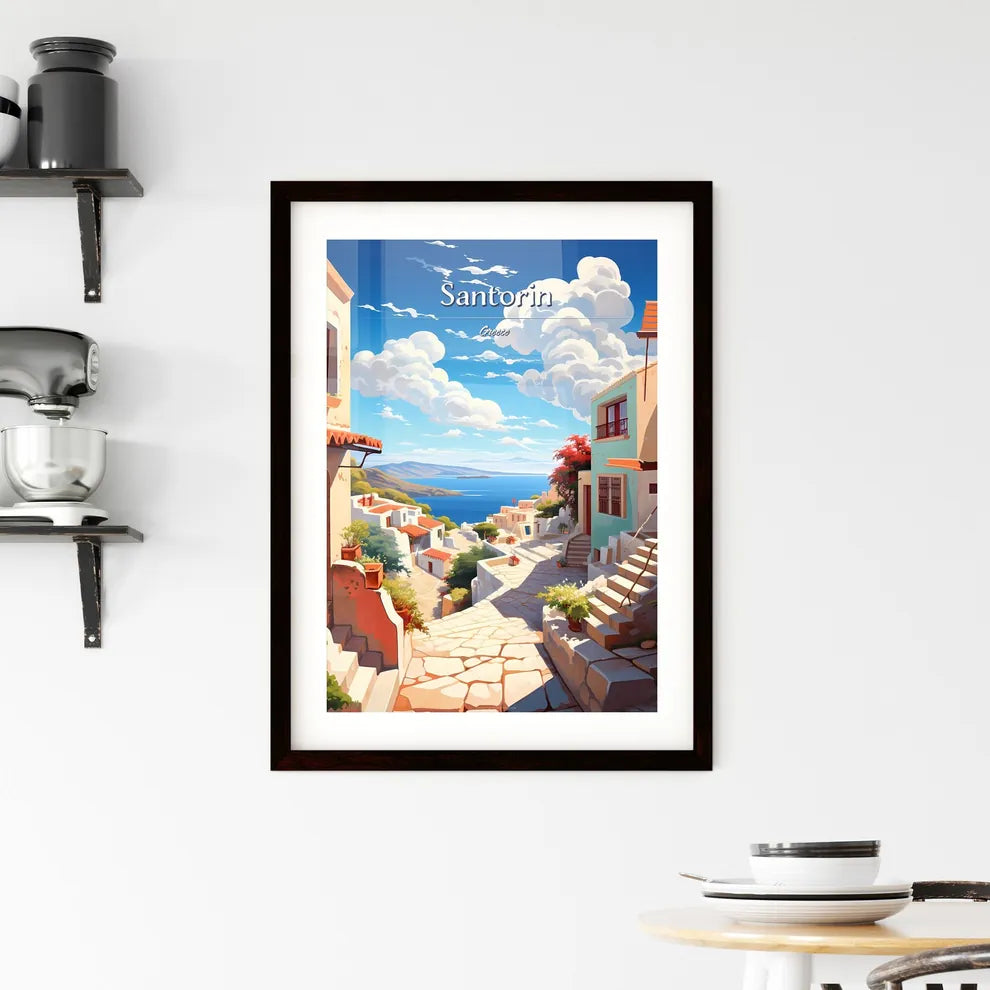 Santorin, Greece - Art print of a street with buildings and a body of water Custom Print