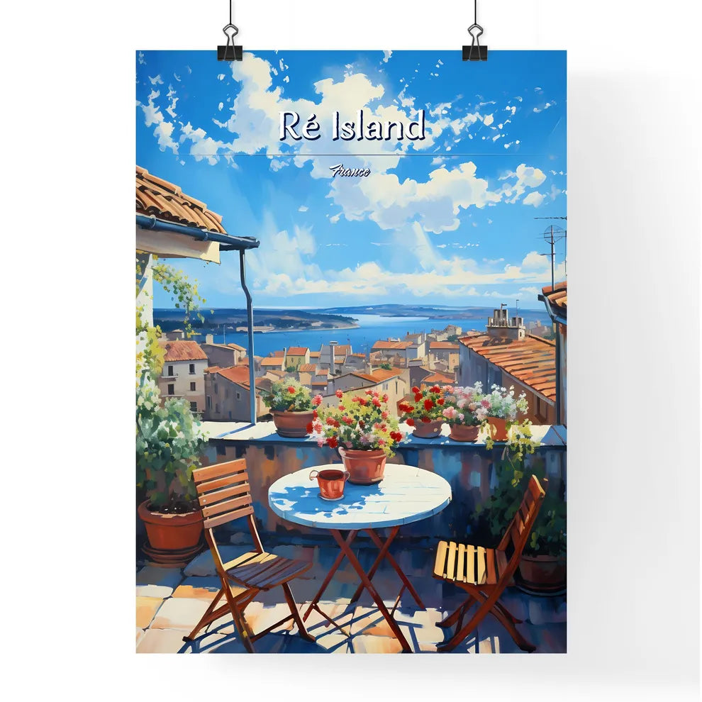 On the roofs of Ré Island, France - Art print of a table and chairs on a rooftop overlooking a city Poster