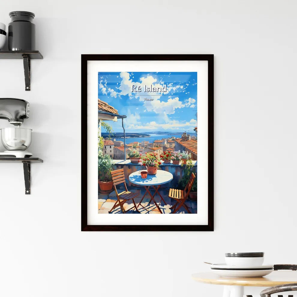 On the roofs of Ré Island, France - Art print of a table and chairs on a rooftop overlooking a city Custom Print