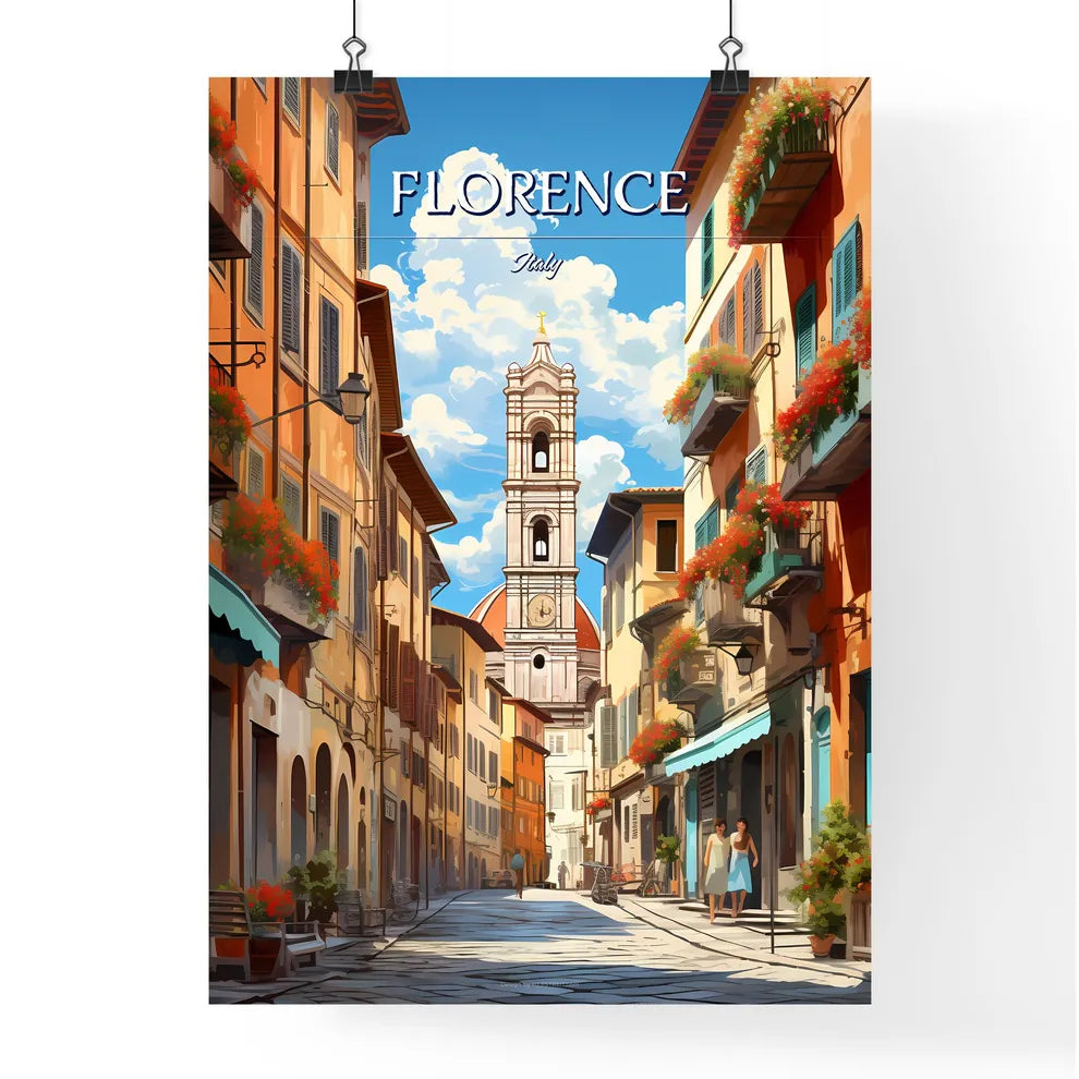 Florence, Italy - Art print of a street with buildings and a clock tower Poster