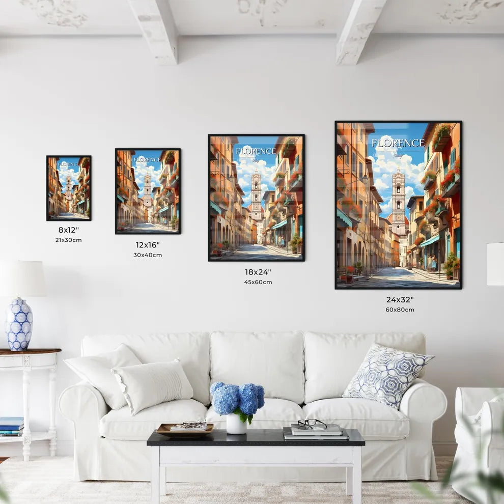 Florence, Italy - Art print of a street with buildings and a clock tower Size Chart