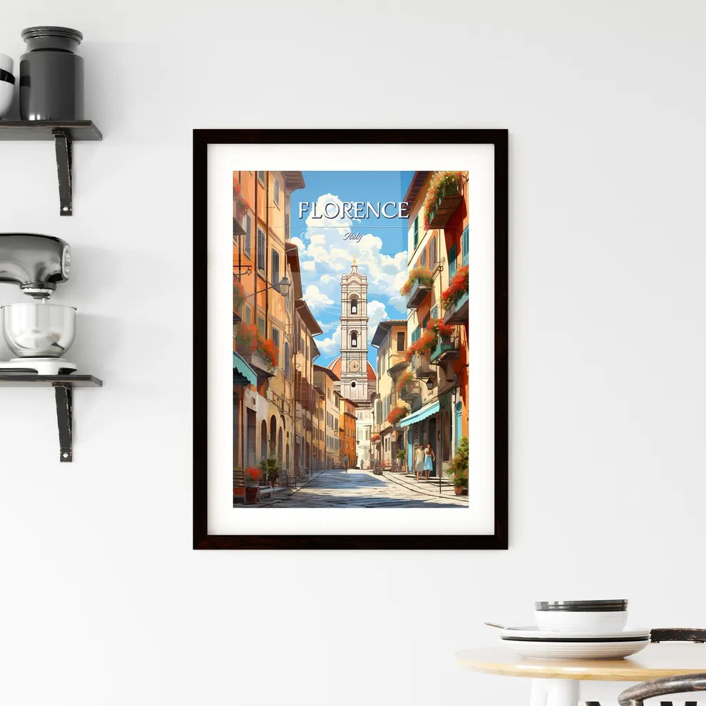 Florence, Italy - Art print of a street with buildings and a clock tower Custom Print