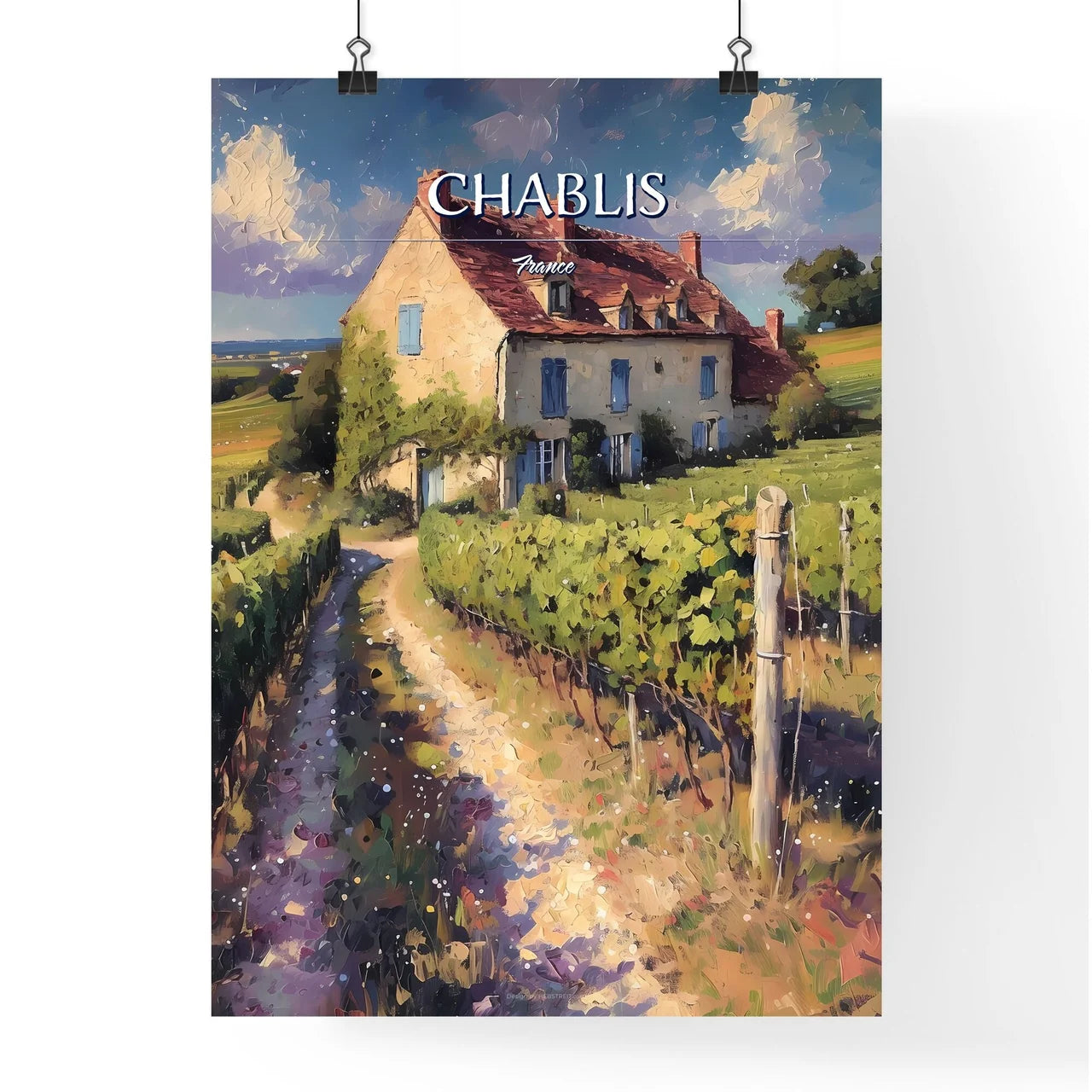 Chablis, France - Art print of a house in a vineyard Poster