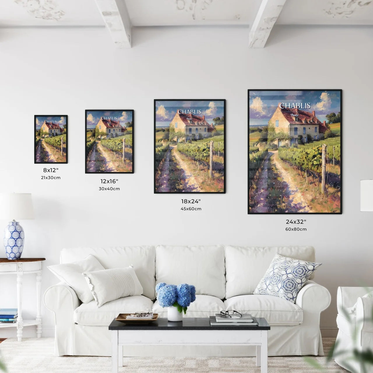 Chablis, France - Art print of a house in a vineyard Size Chart
