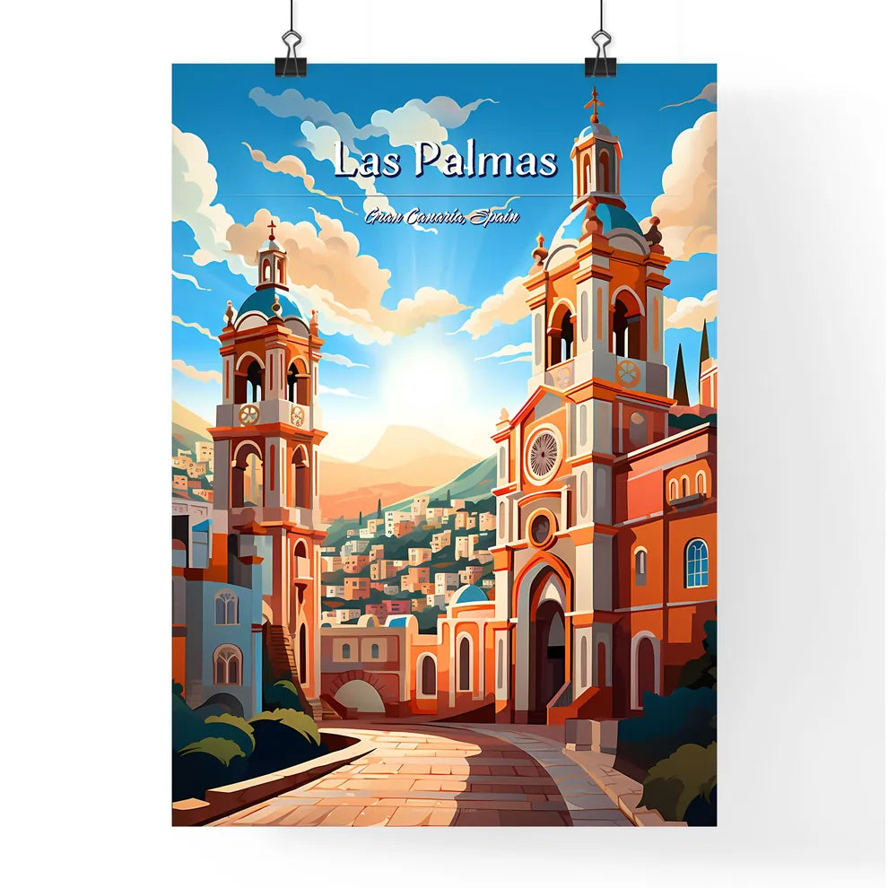 Las Palmas de Gran Canaria, Spain - Art print of a building with towers and a road leading to a city Poster