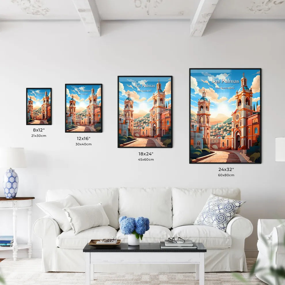 Las Palmas de Gran Canaria, Spain - Art print of a building with towers and a road leading to a city Size Chart