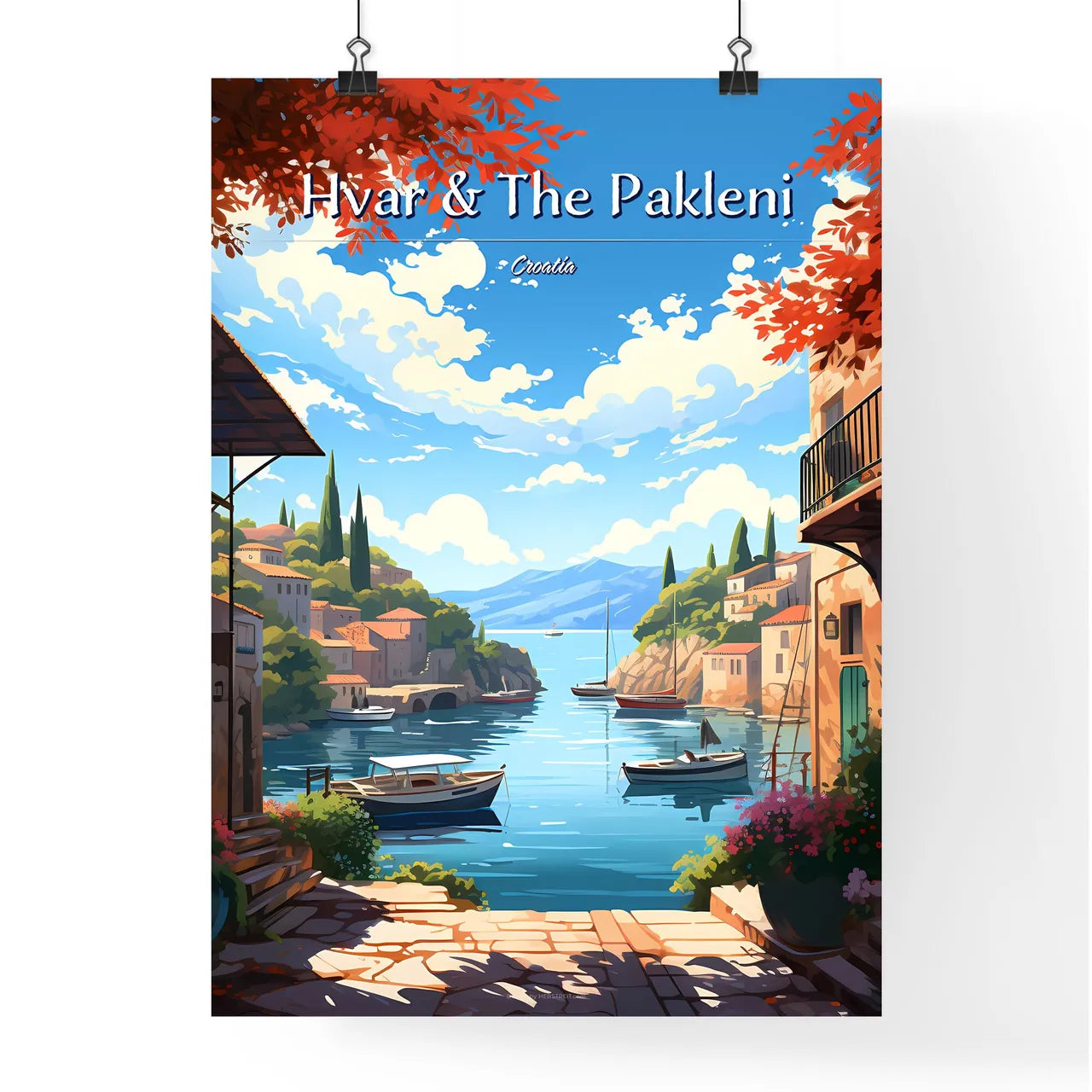 Hvar & The Pakleni Islands, Croatia - Art print of a water way with boats and buildings on the side Poster
