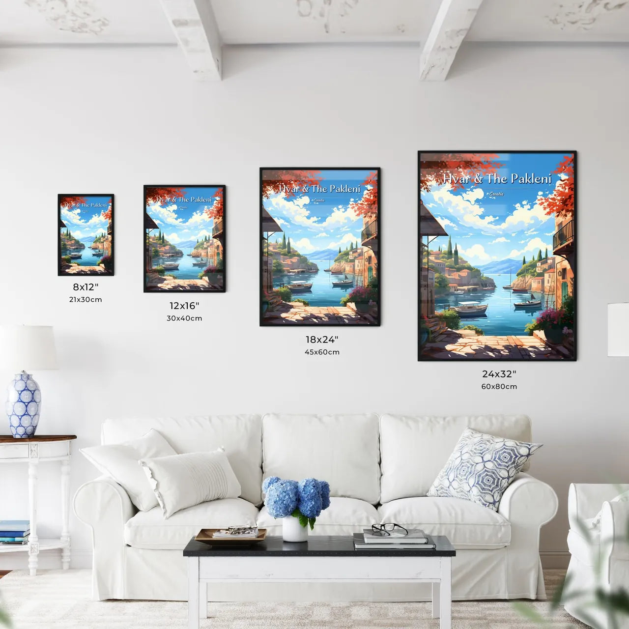Hvar & The Pakleni Islands, Croatia - Art print of a water way with boats and buildings on the side Size Chart