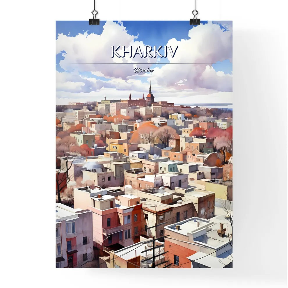 Kharkiv, Ukraine - Art print of a city with many buildings and trees Poster