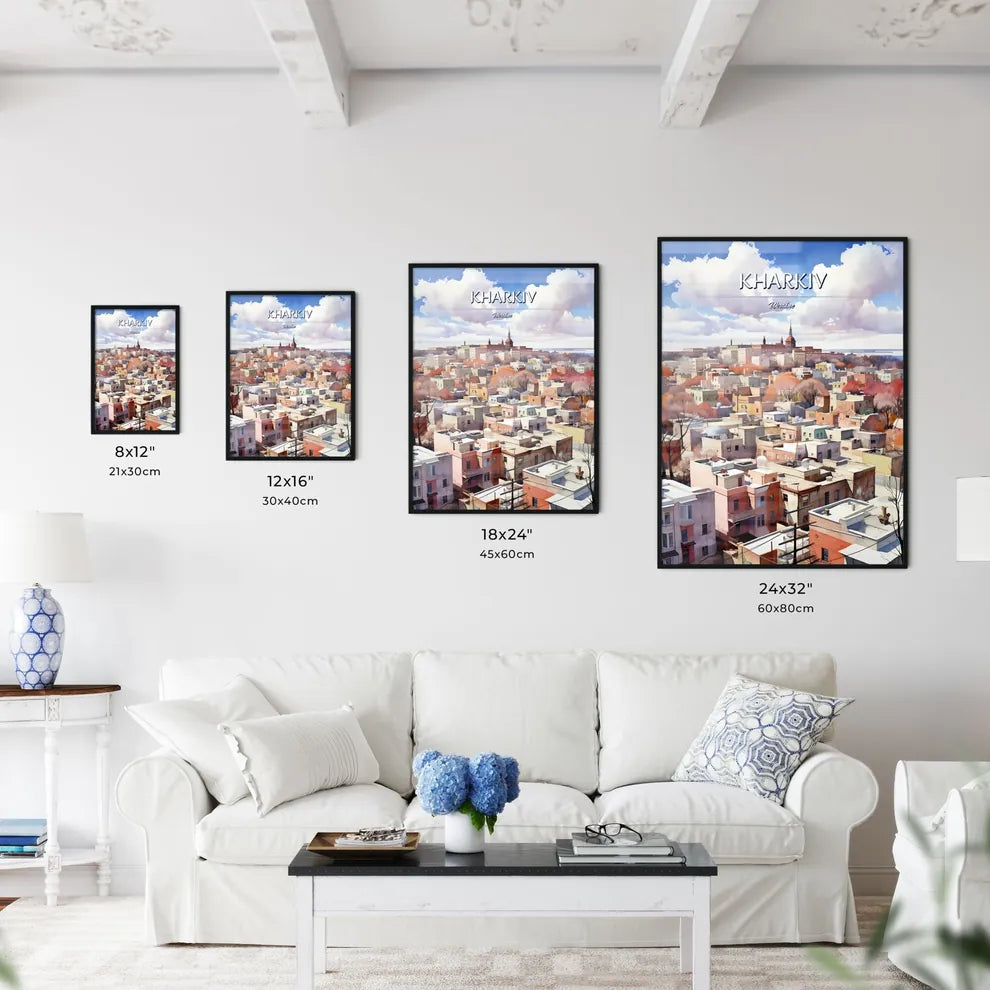 Kharkiv, Ukraine - Art print of a city with many buildings and trees Size Chart