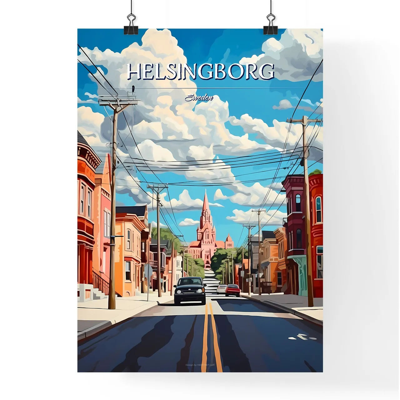 Helsingborg, Sweden, - Art print of a street with cars and buildings Poster