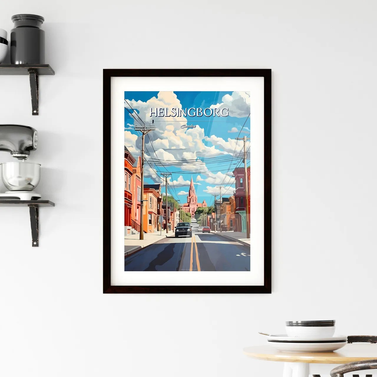Helsingborg, Sweden, - Art print of a street with cars and buildings Custom Print