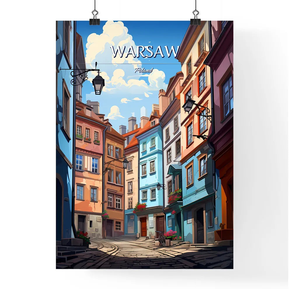 Warsaw, Poland - Art print of a street with buildings and a bicycle Poster