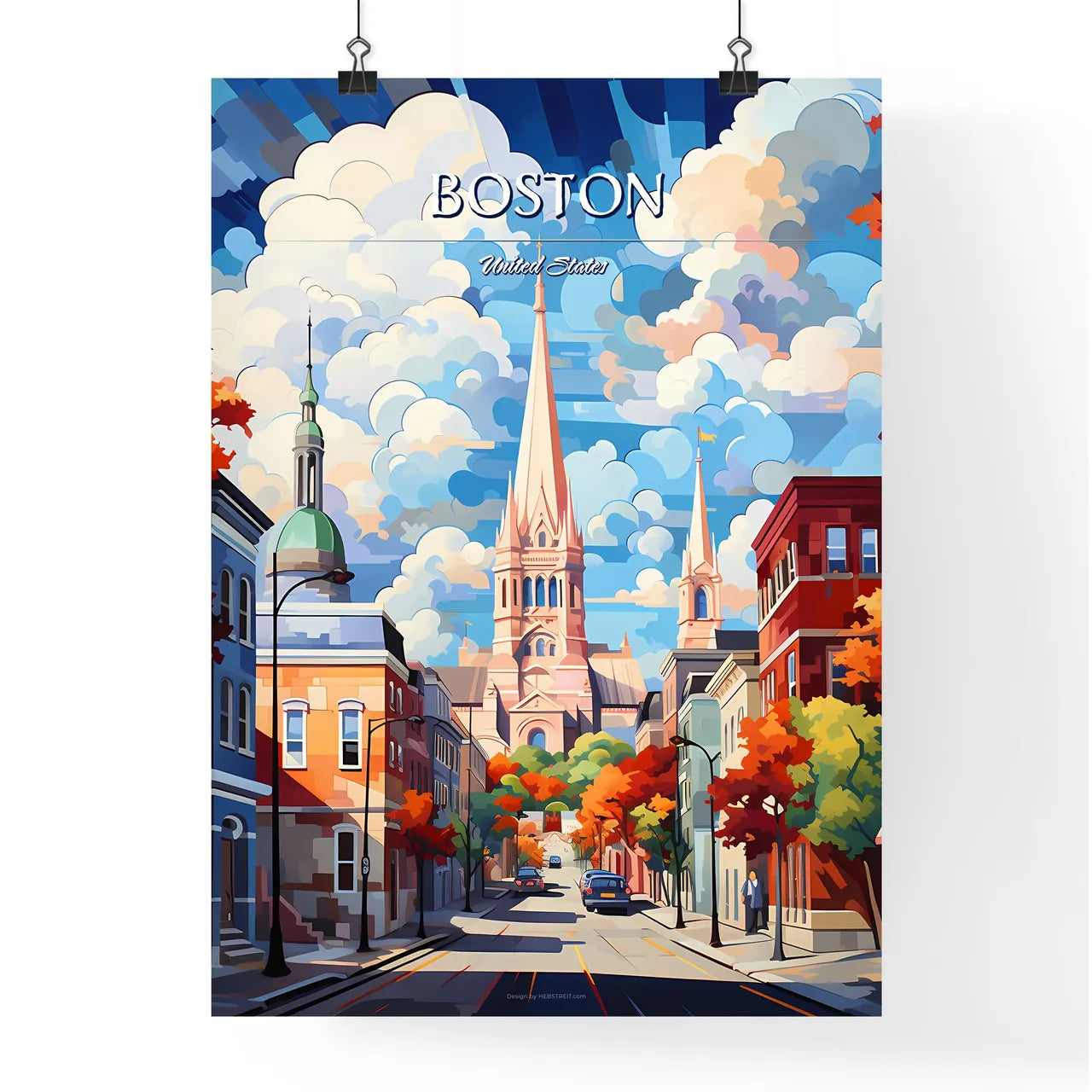 Boston - Art print of a street with a church and buildings Poster