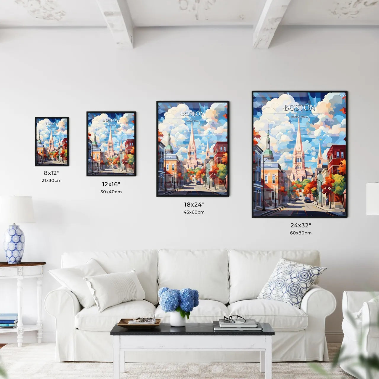 Boston - Art print of a street with a church and buildings Size Chart