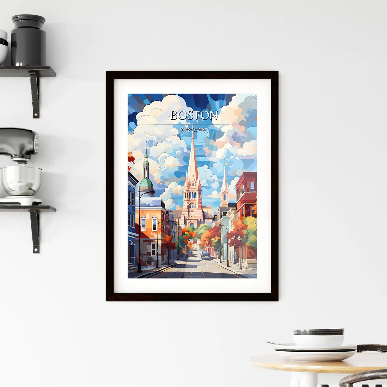 Boston - Art print of a street with a church and buildings Custom Print