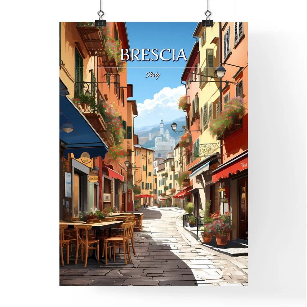 Brescia, Italy - Art print of a street with tables and chairs in front of buildings Poster