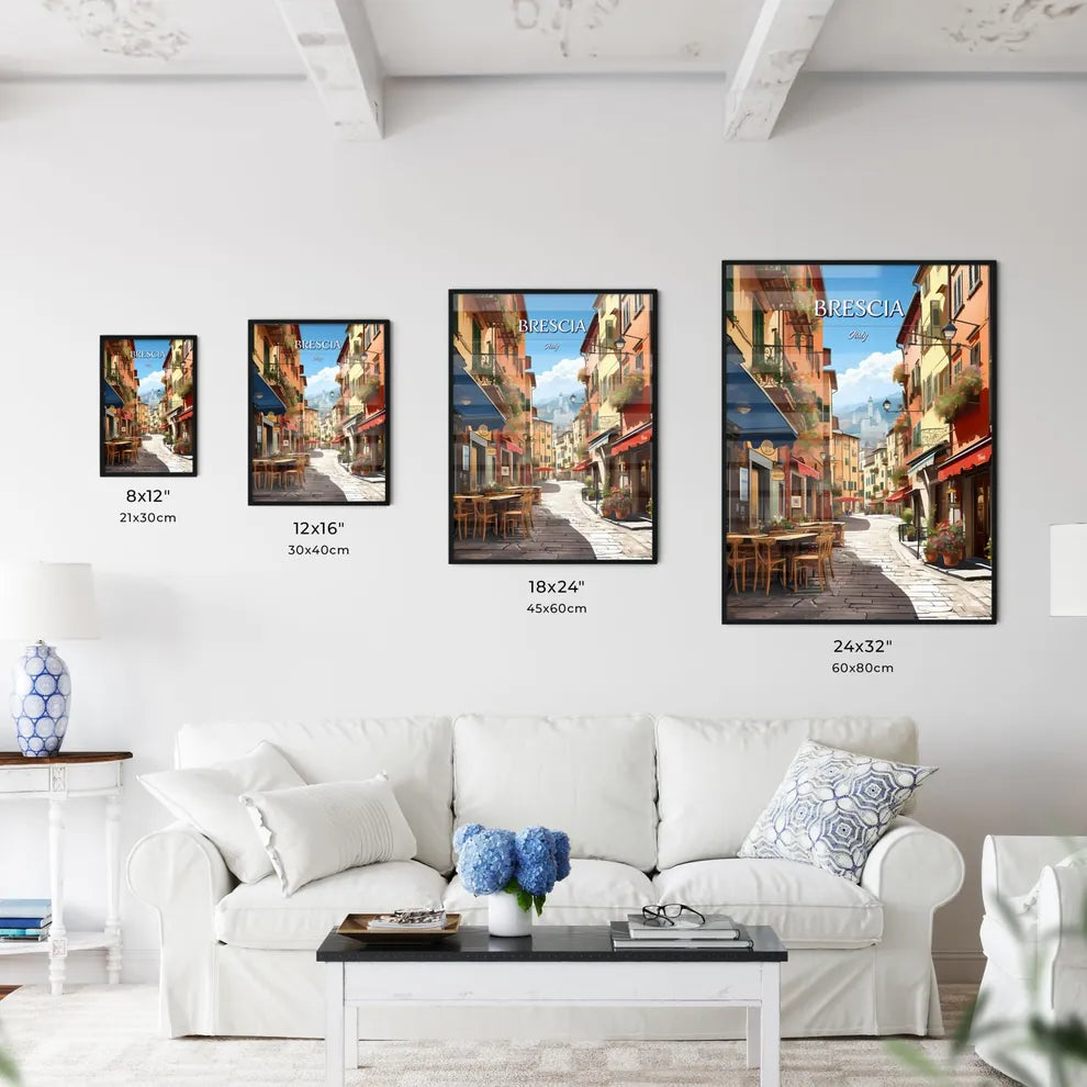 Brescia, Italy - Art print of a street with tables and chairs in front of buildings Size Chart