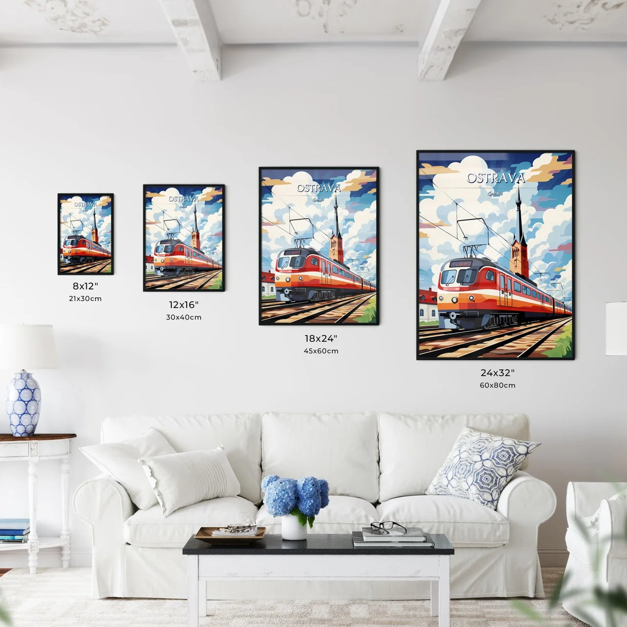 Ostrava, Czechia - Art print of a train on the tracks Size Chart