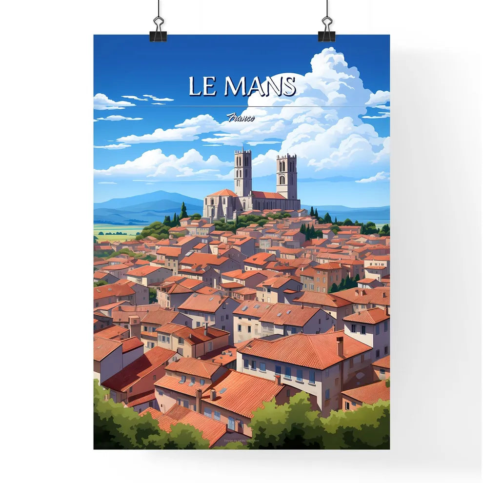 Le Mans, France - Art print of a city with red roofs and a church on top Poster